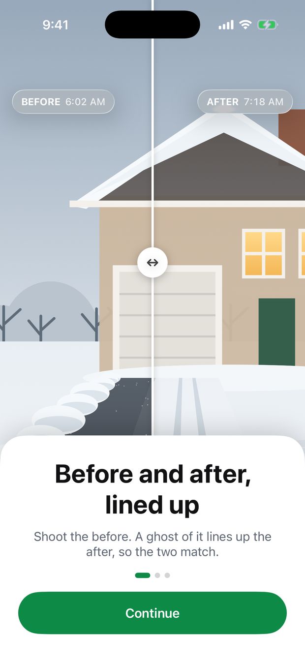 Before and after in WorkProof: a snowy driveway at 6:02 AM beside the same driveway plowed at 7:18 AM, lined up at the same angle.